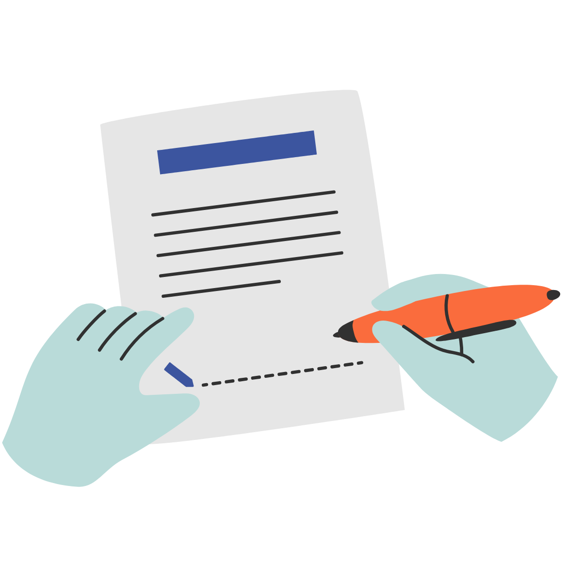 Illustrated hand holding a pen and signing a contract