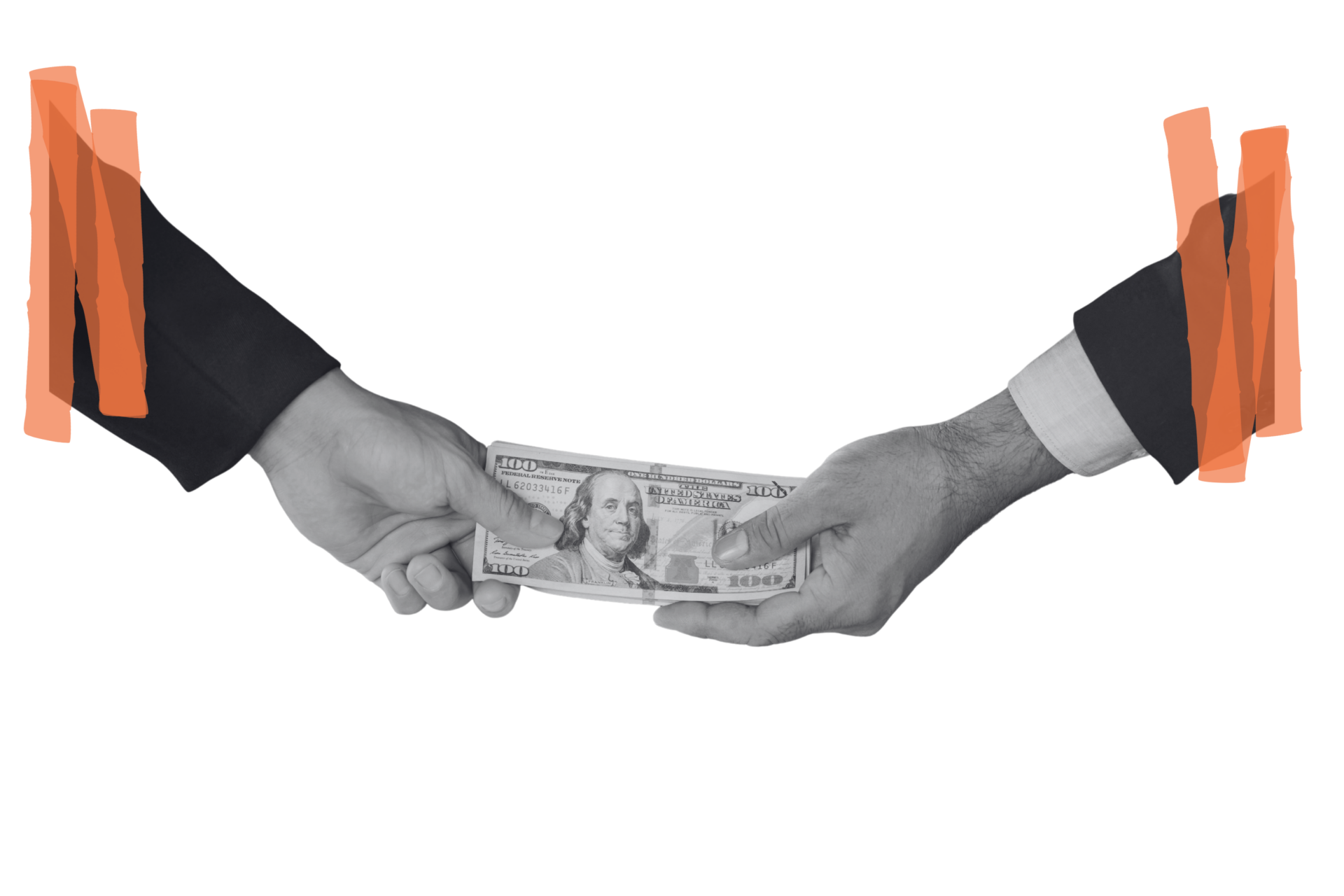 Animated graphic of money being exchanged with an X over it