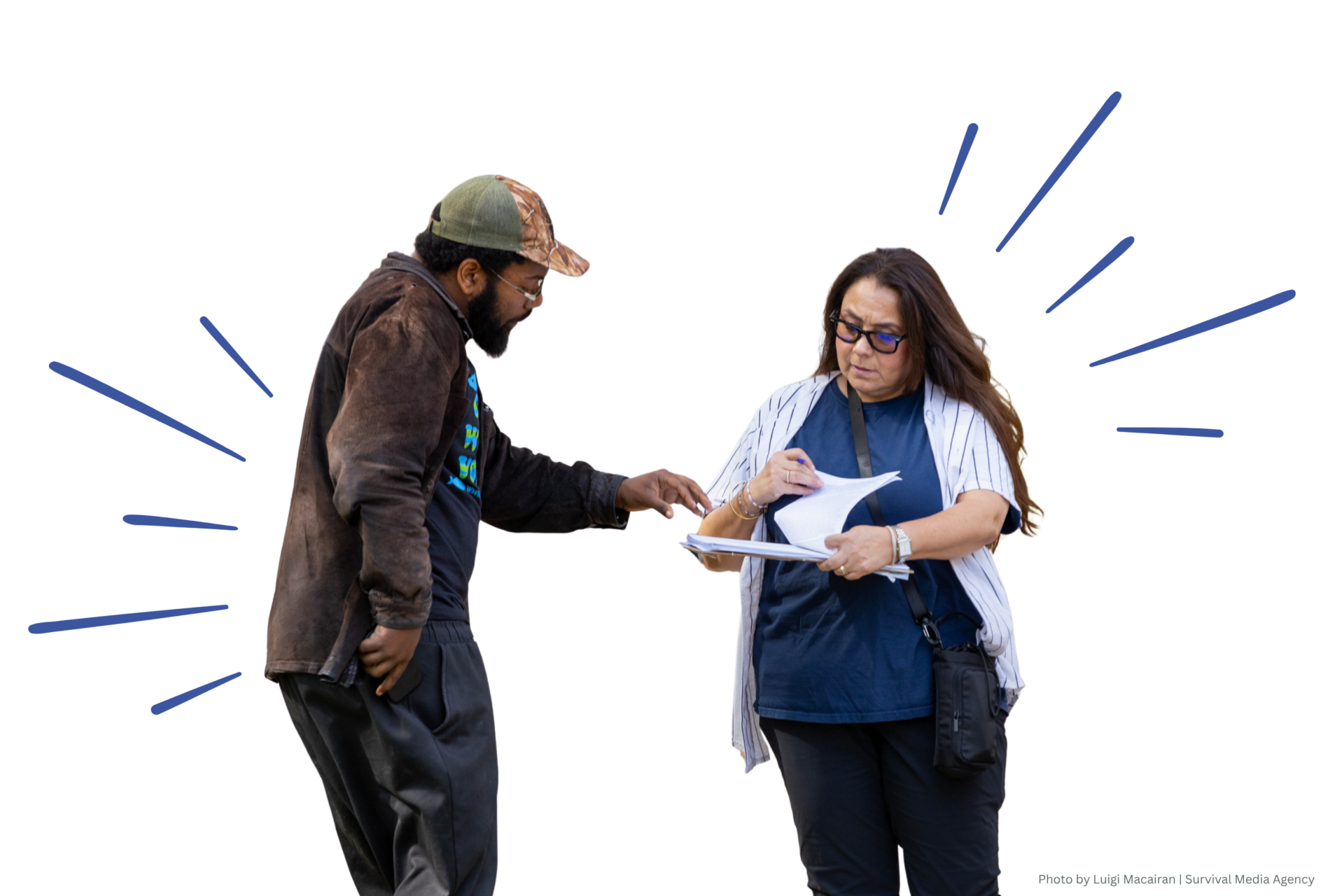 Animated image of a woman holding a petition clipboard showing a man where to sign