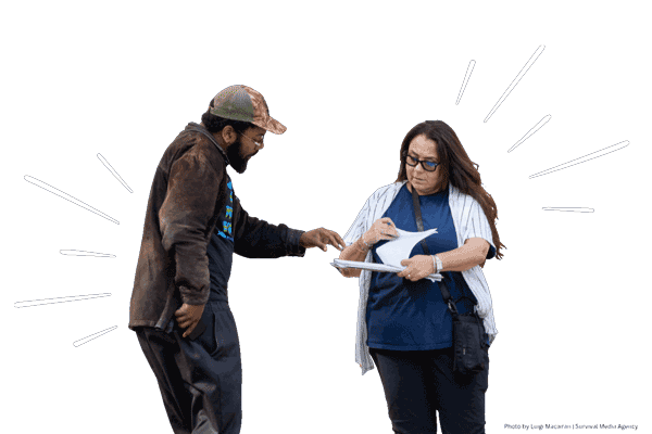 Animated image of a woman holding a petition clipboard showing a man where to sign